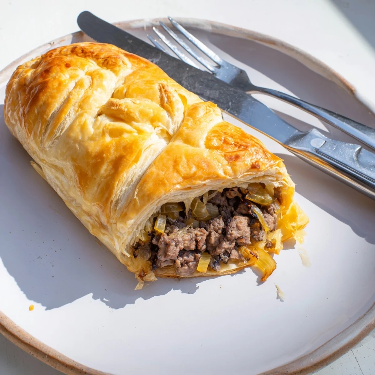 Crispy baked Greggs inspired steak and cheese roll served warm on a rustic baking sheet