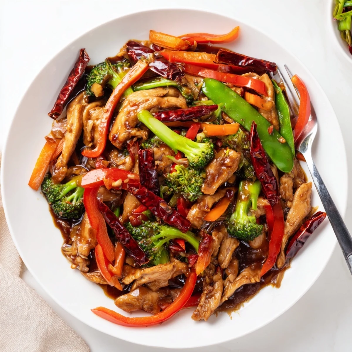 Sizzling Hunan Chicken stir-fry with vibrant bell peppers and spicy chili sauce