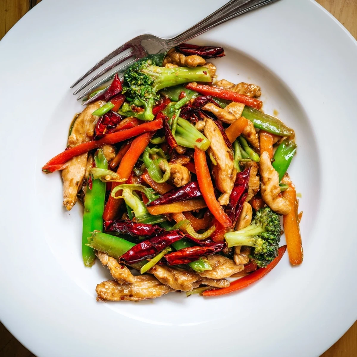 Crispy vegetables and tender sliced chicken in bold Hunan Chicken sauce