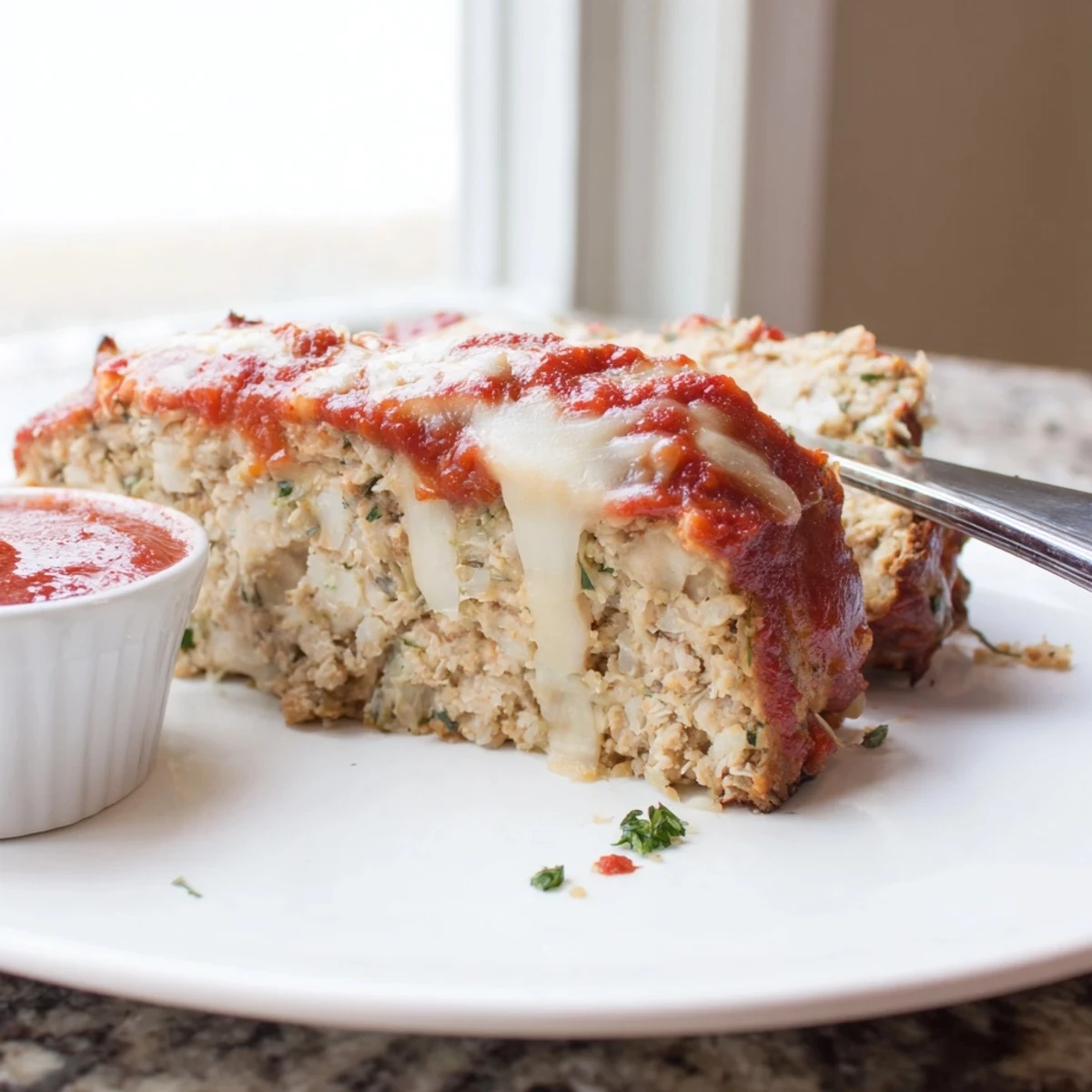 Juicy Parmesan chicken meatloaf fresh from the oven with melted mozzarella edges
