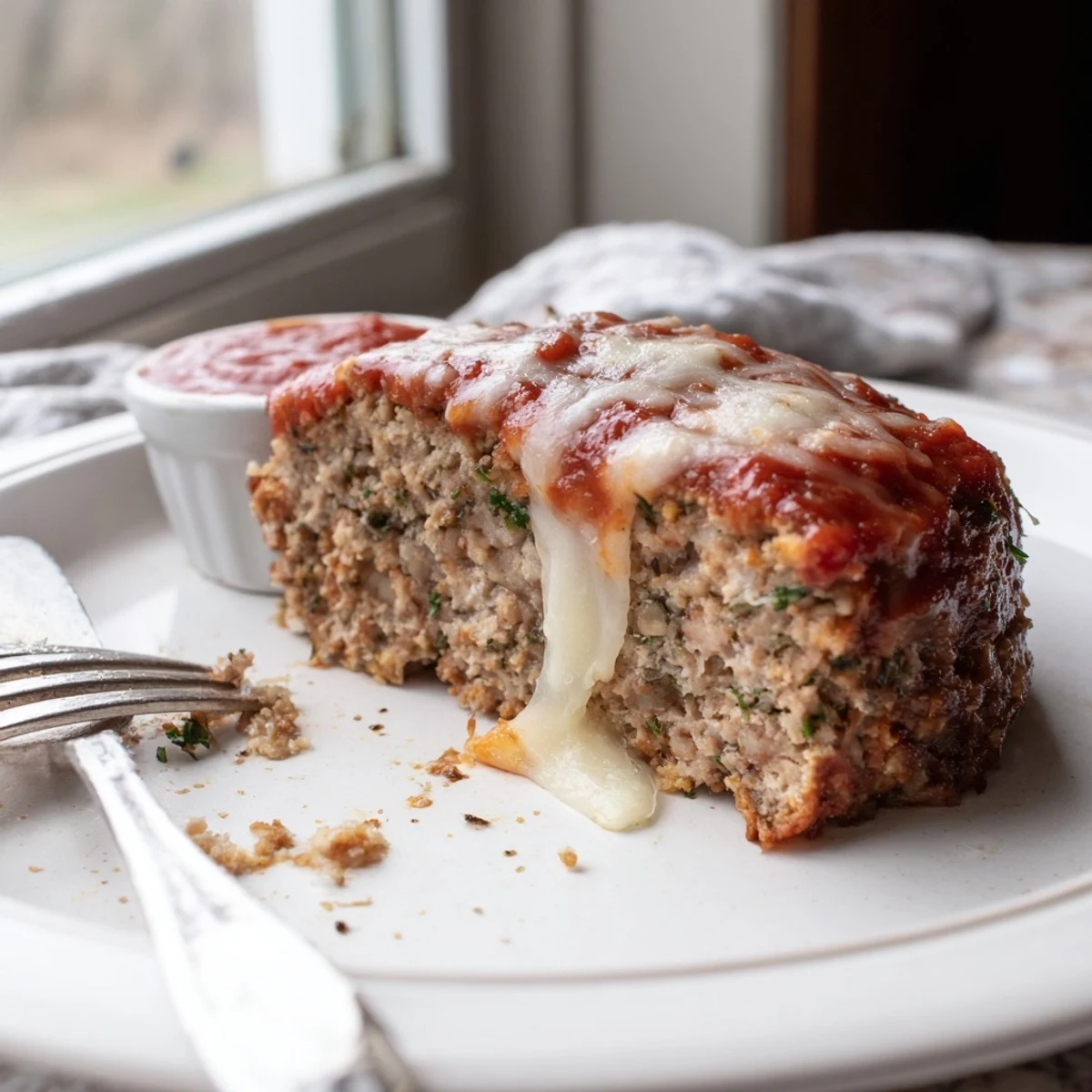 Golden Parmesan chicken meatloaf sliced thick and topped with rich marinara sauce