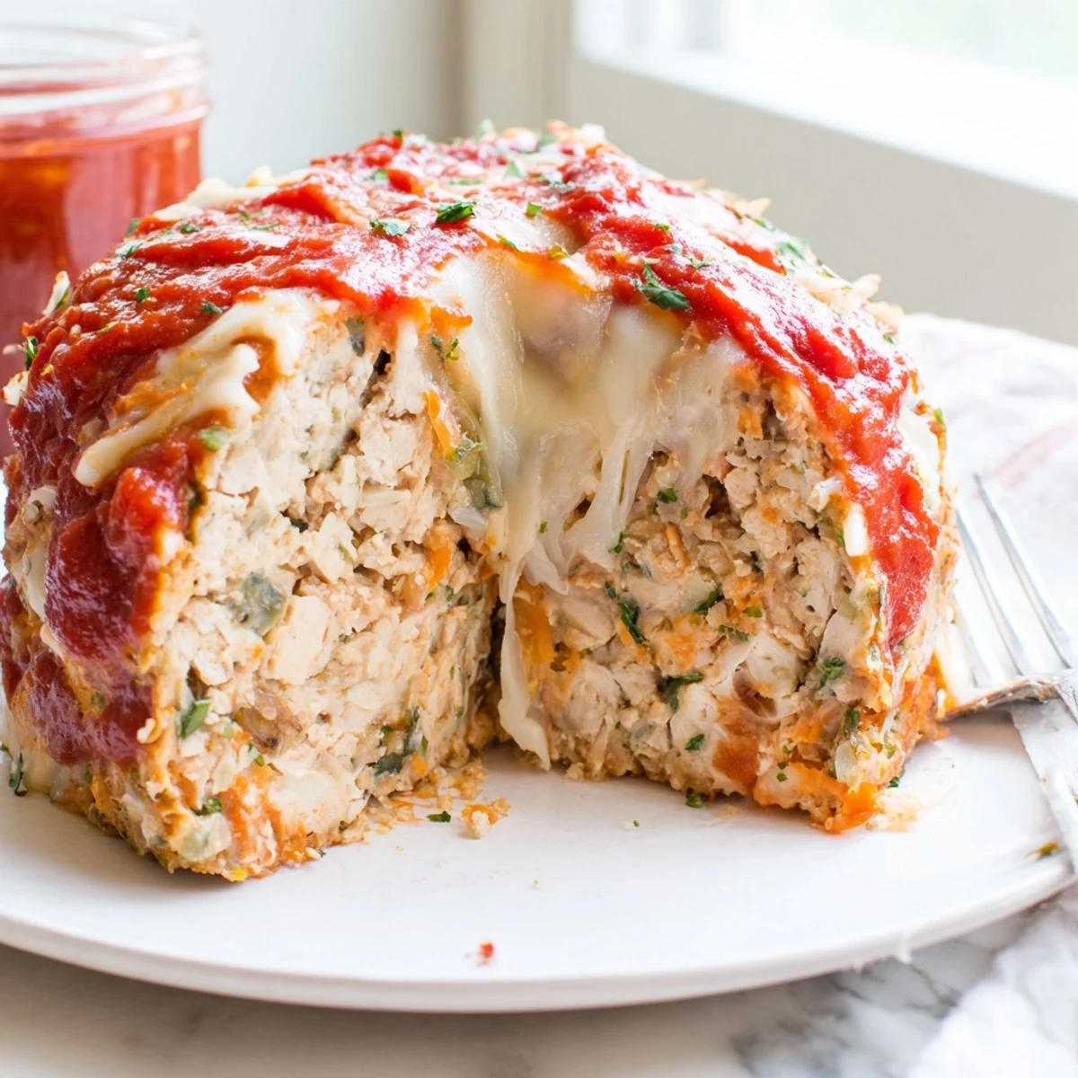 Tender Parmesan chicken meatloaf served on a plate with fresh parsley garnish