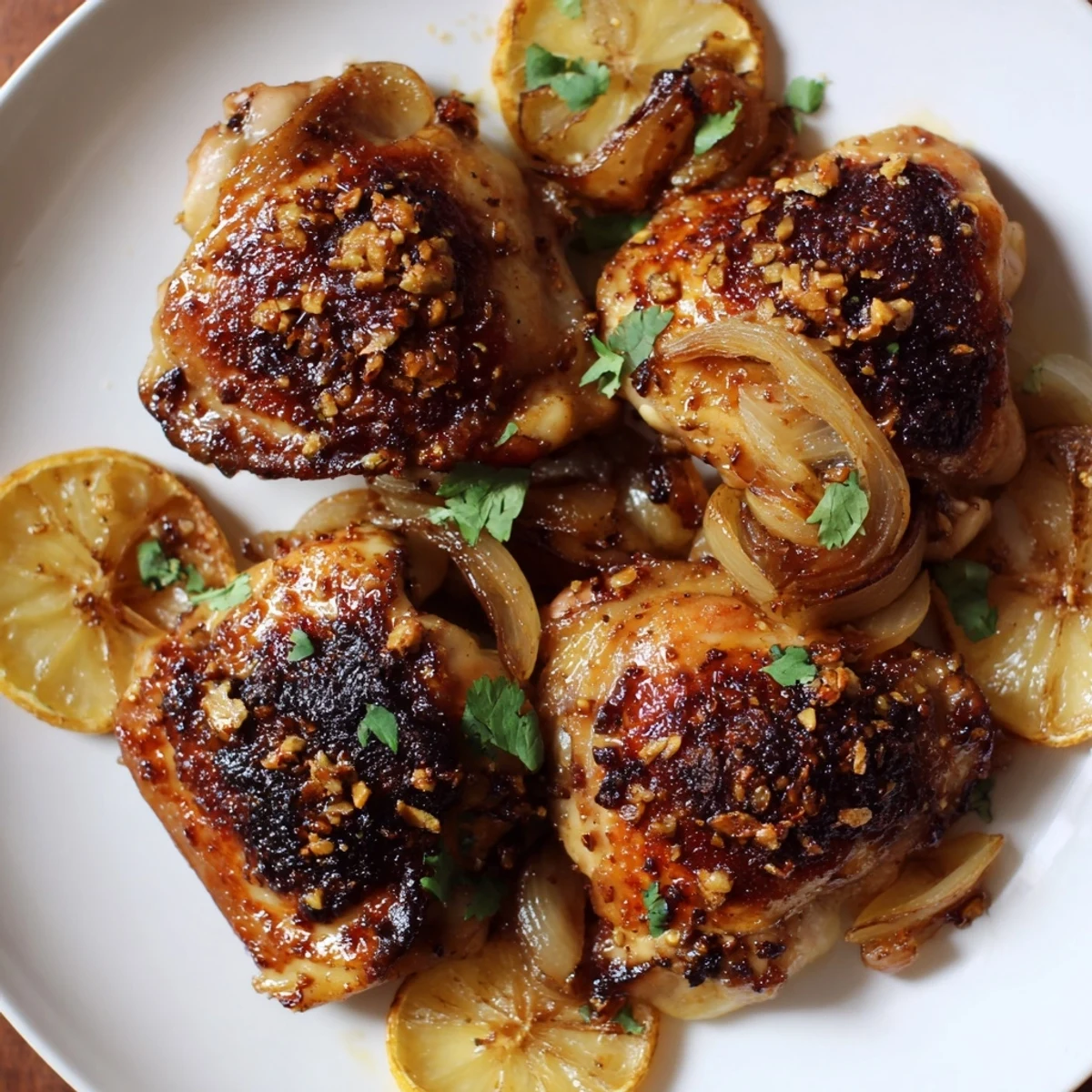 Juicy ginger garlic chicken thighs with glossy roasted skin fresh from the oven
