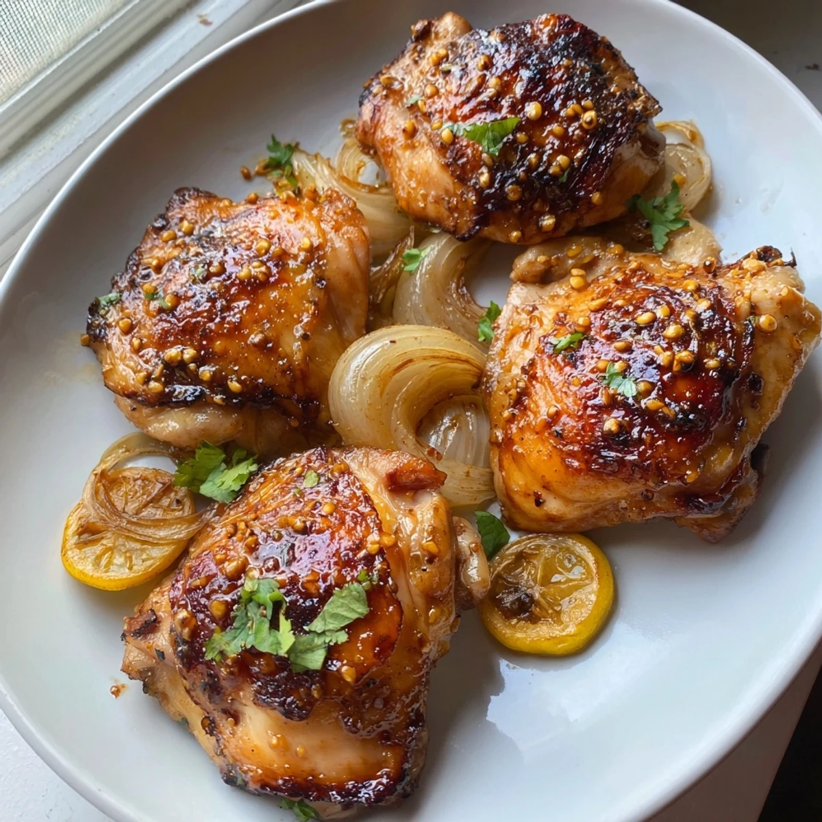 Golden ginger garlic chicken thighs baked crispy on a bed of caramelized onions
