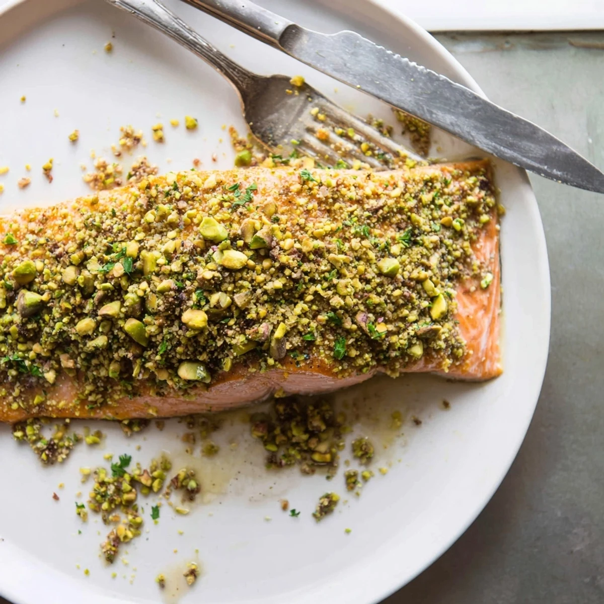 Golden maple pistachio salmon fillet with a crunchy nut crust on a baking sheet