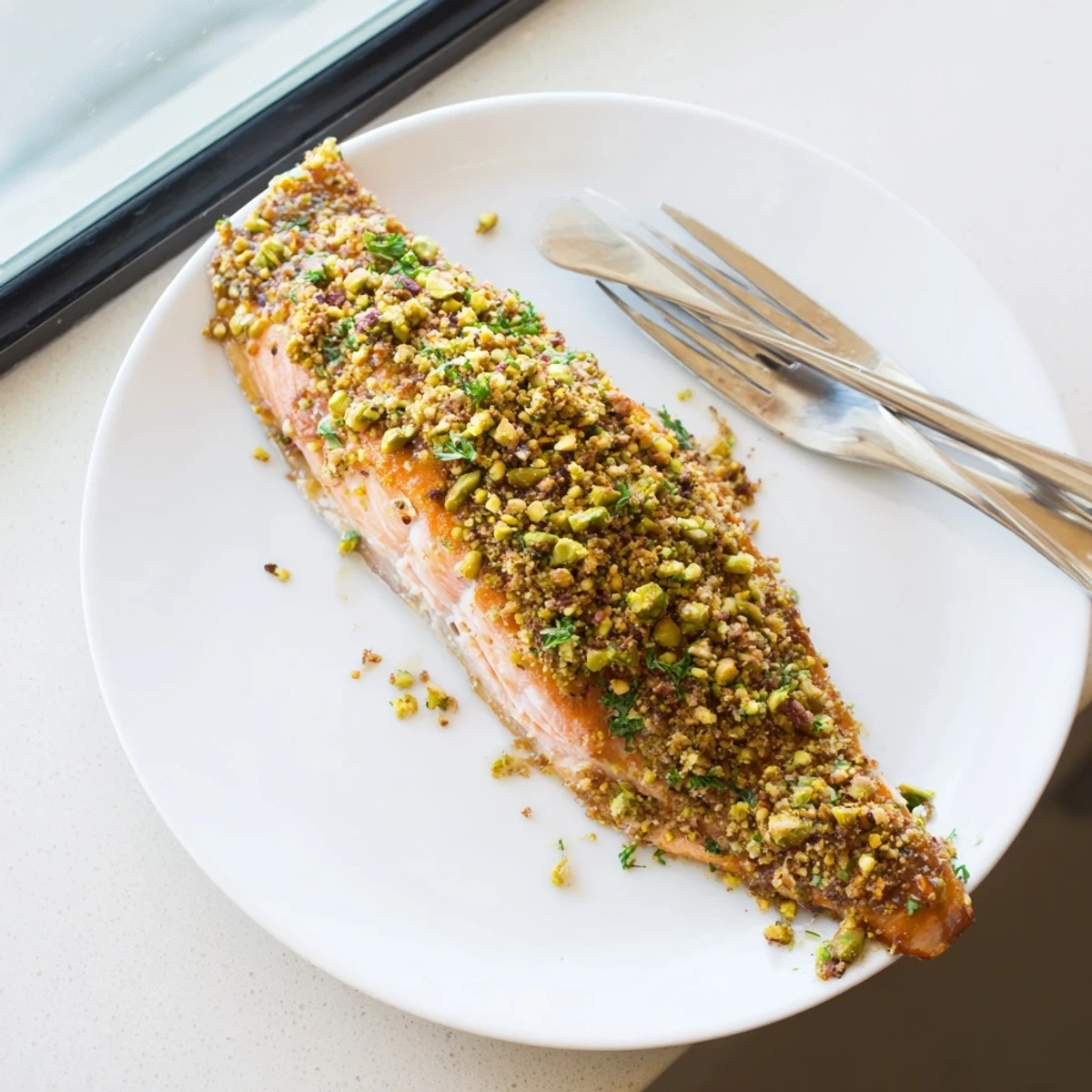 Maple pistachio salmon plated on a white dish with roasted vegetables alongside