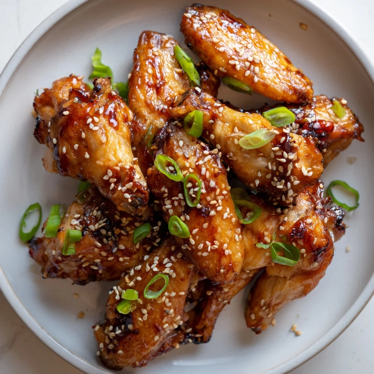 Glistening miso honey marinated chicken wings roasted golden with sesame seed garnish