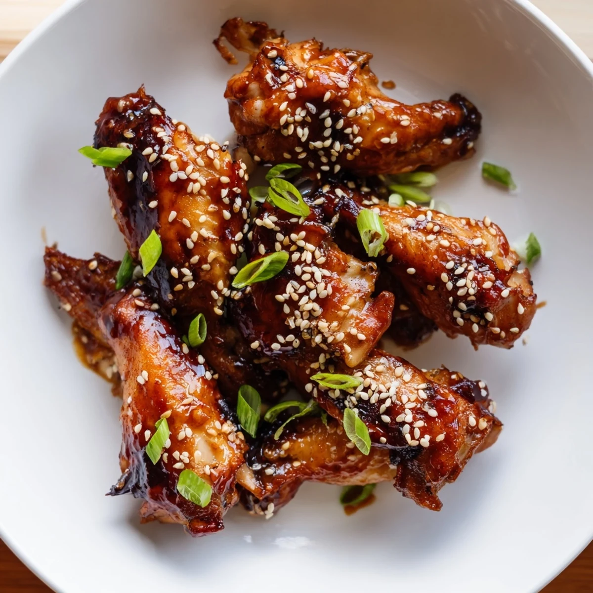Crispy baked miso honey marinated chicken wings glistening with sticky savory-sweet glaze