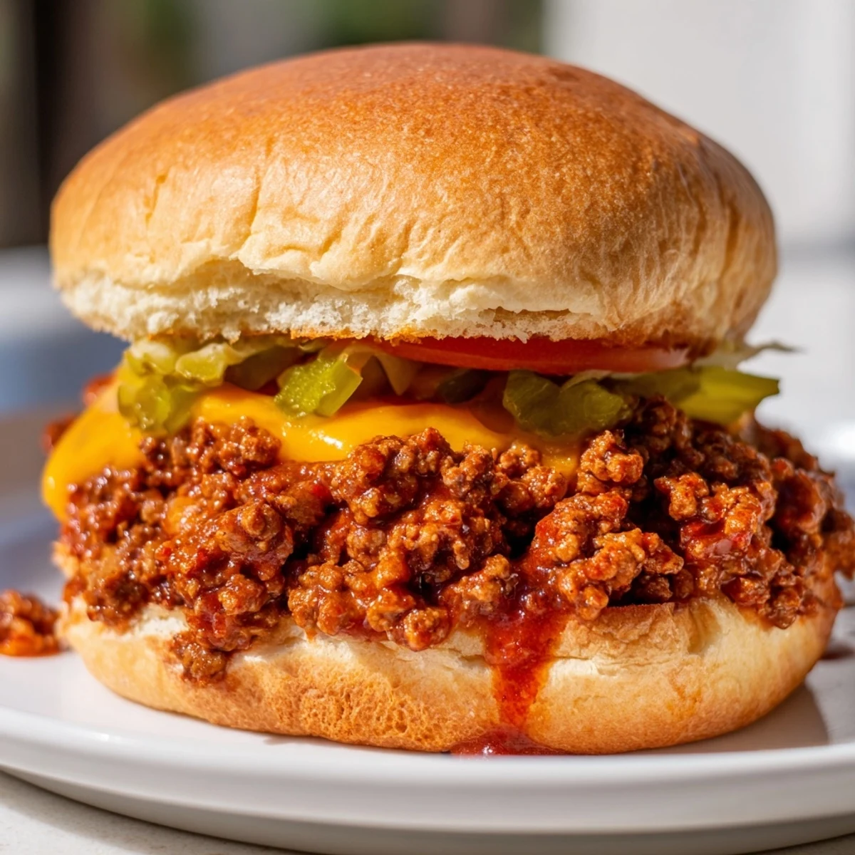 Smash Burger Sloppy Joes with melted cheddar dripping over a golden toasted bun