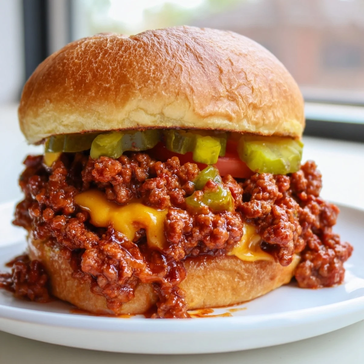 Crispy-edged Smash Burger Sloppy Joes topped with pickles on a buttery bun