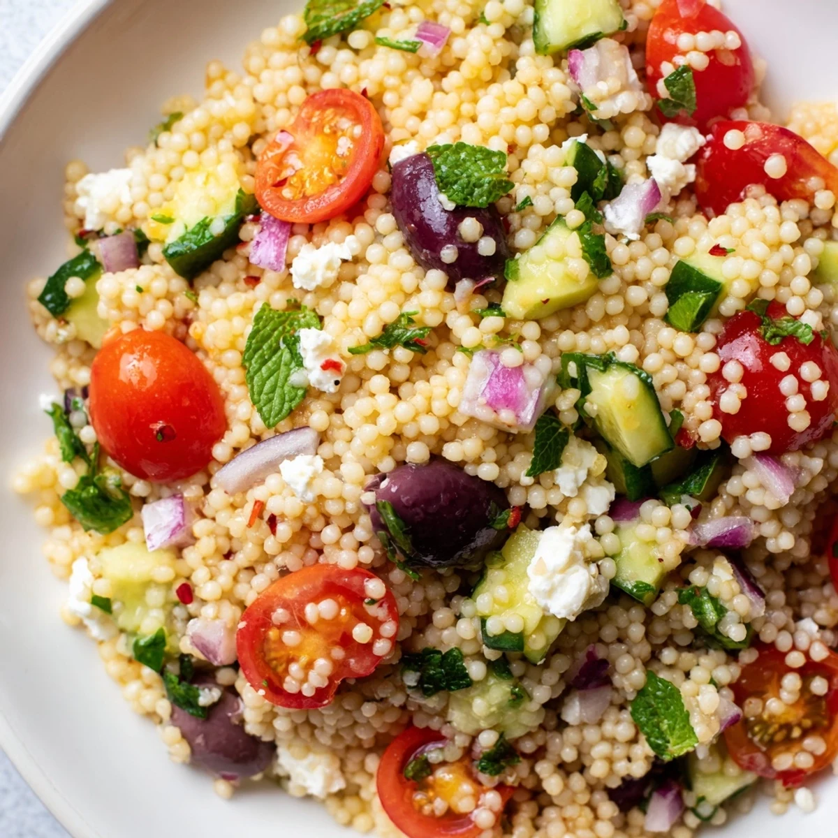Bright Mediterranean couscous salad tossed with feta, olives, and spicy-sweet lemon vinaigrette.