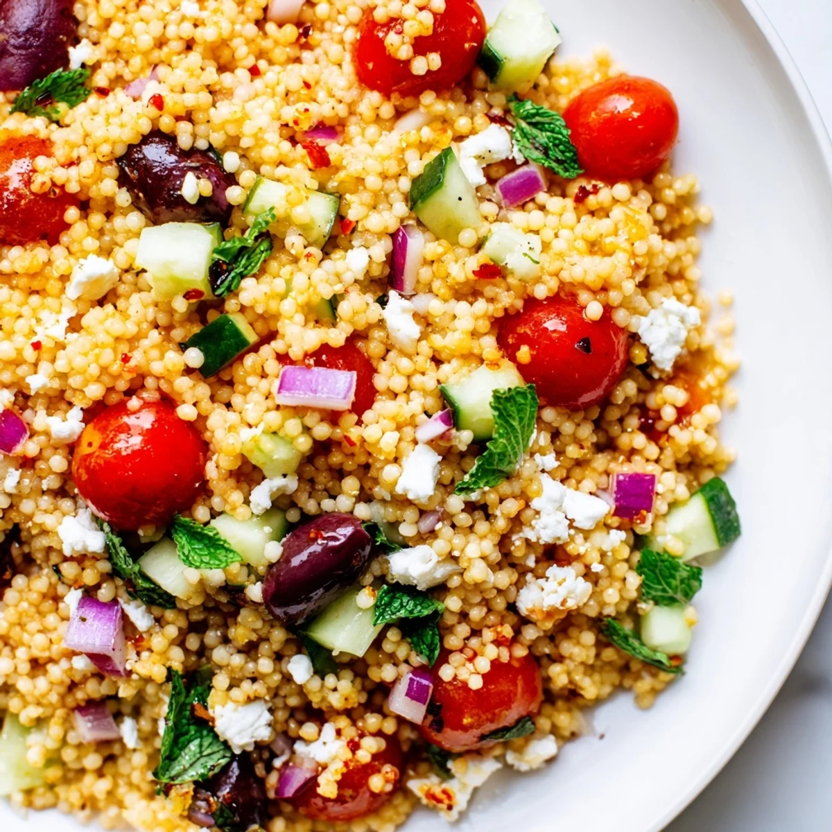 Fluffy couscous mixed with crunchy cucumbers, cherry tomatoes, and hot honey lemon dressing.