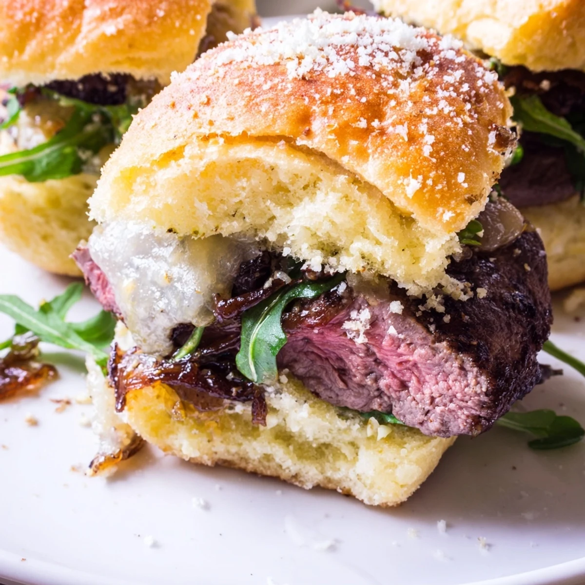 Juicy filet mignon sliders piled with melted cheese and caramelized onions on golden garlic parmesan rolls
