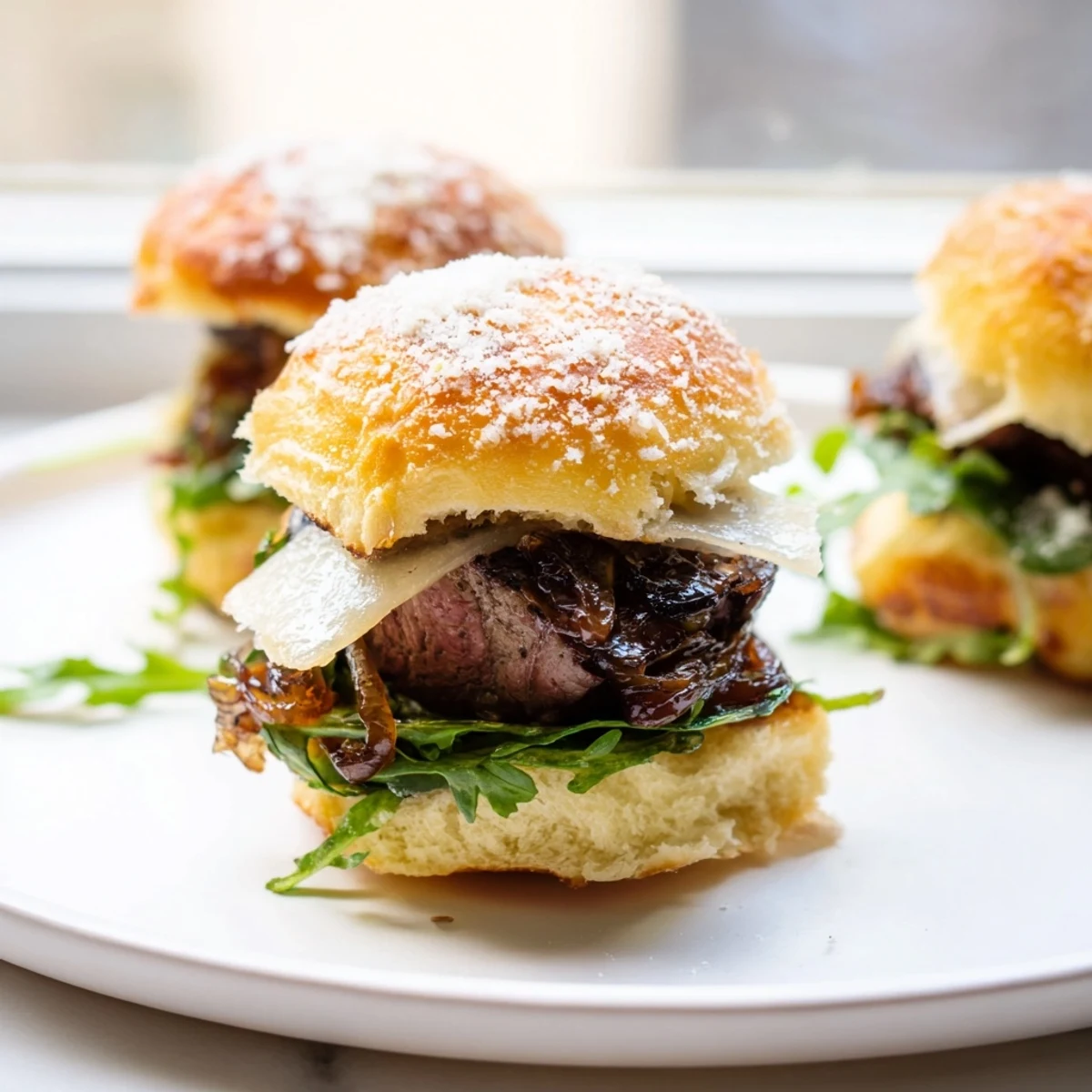 Warm filet mignon sliders on toasted garlic parmesan rolls topped with arugula and gooey provolone cheese