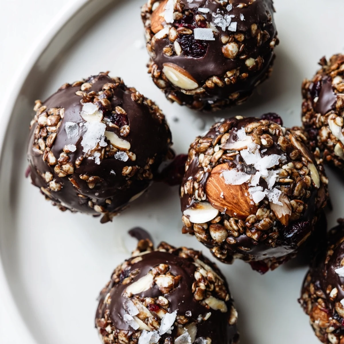 Chocolate Quinoa Crunch Bites topped with flaky sea salt on a rustic wooden board