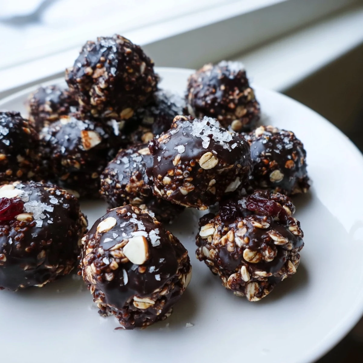 Dark chocolate Quinoa Crunch Bites with shredded coconut and oats in a mini muffin tin