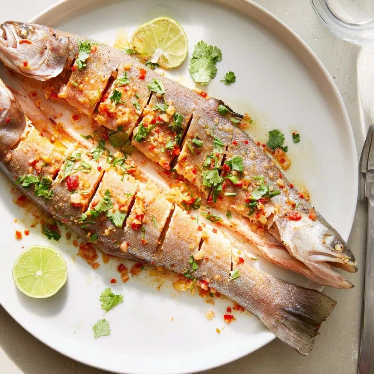 Golden chili lime baked trout garnished with fresh cilantro on a white serving platter