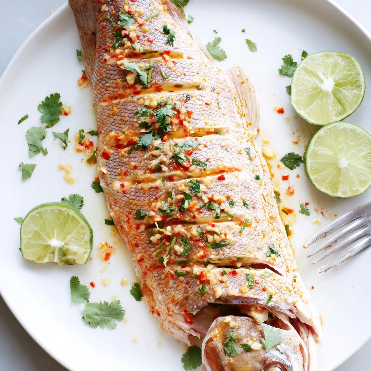 Chili lime baked trout with juicy flaky flesh drizzled in tangy citrus marinade