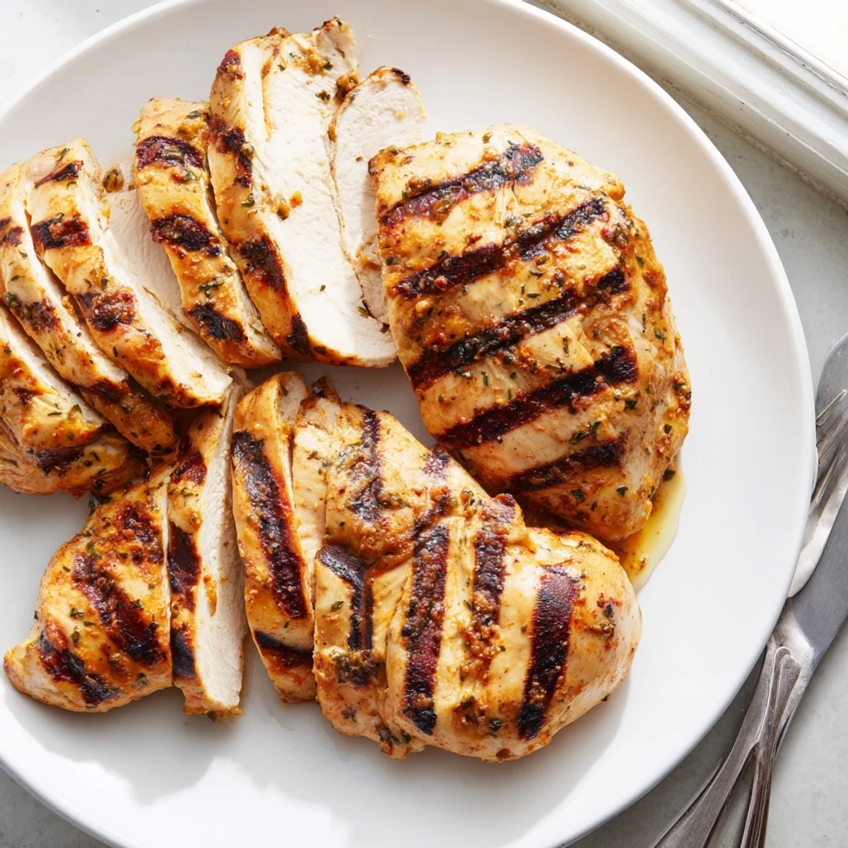 Golden grilled Mayo Marinated Grilled Chicken with charred grill marks on a rustic platter