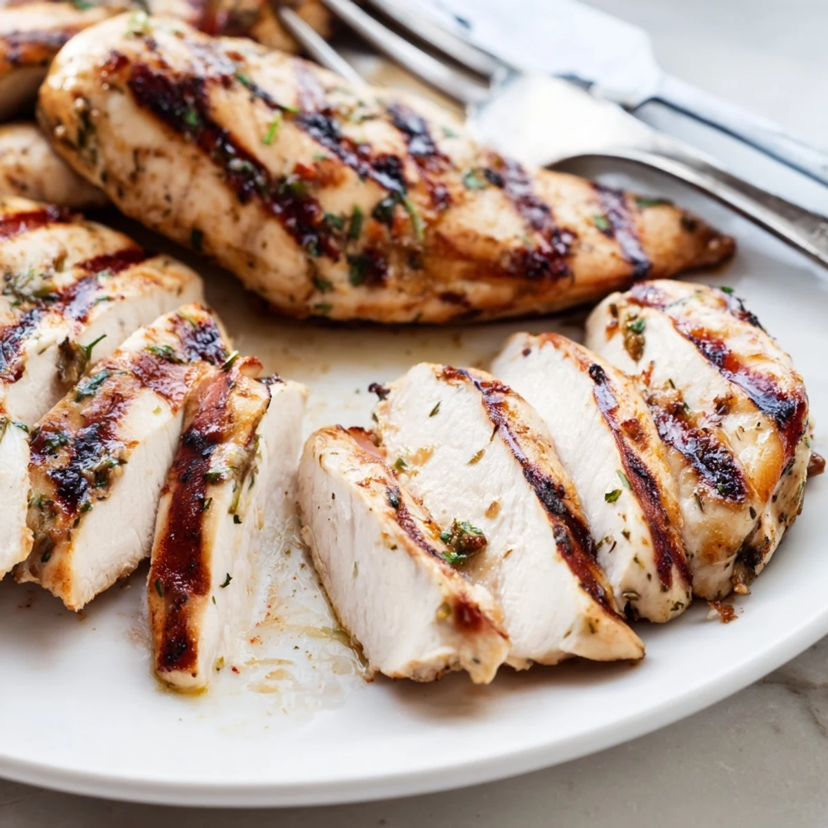 Juicy sliced Mayo Marinated Grilled Chicken breasts glistening with herb-flecked creamy marinade