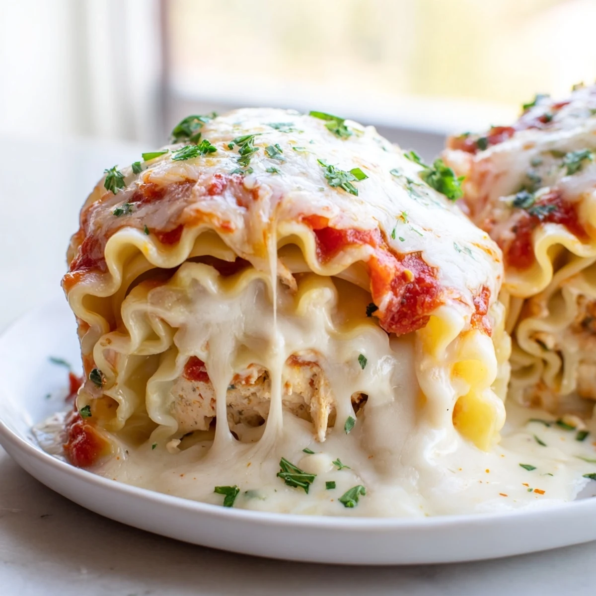 Golden baked garlic Parmesan chicken lasagna roll ups bubbling with melted mozzarella cheese on top