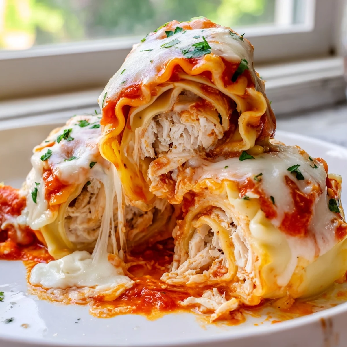 Creamy garlic Parmesan chicken lasagna roll ups resting in a rustic baking dish with herb garnish