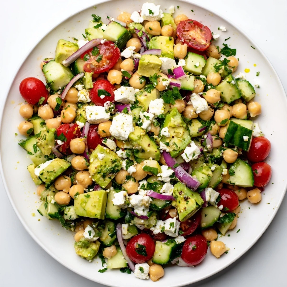 Crispy cucumber and crumbled feta top this colorful chickpea feta avocado salad