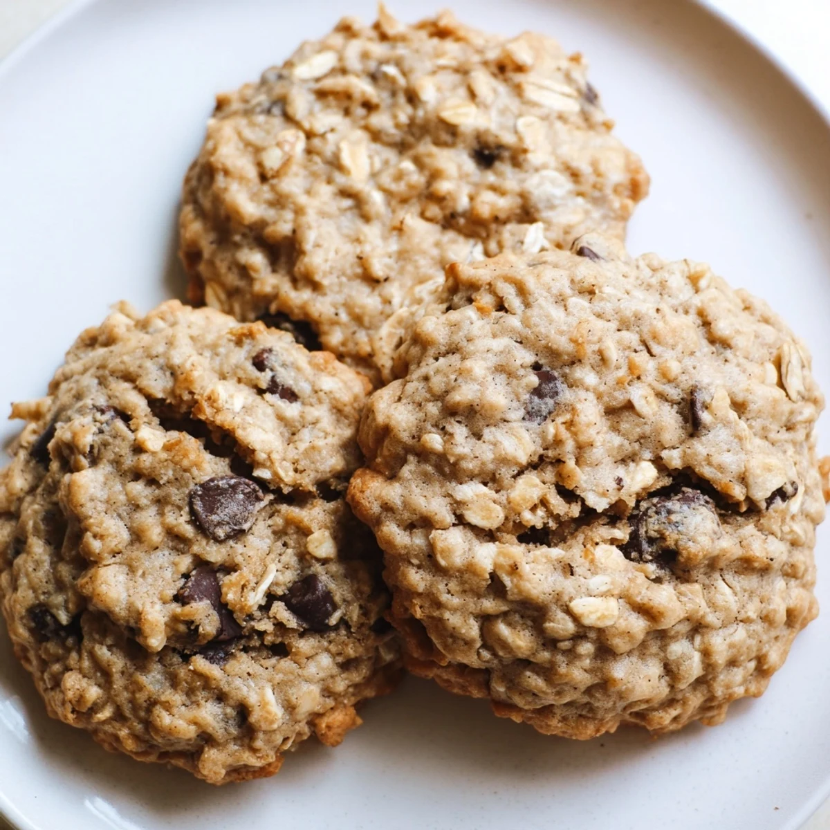 Soft chewy banana oatmeal cookies studded with chocolate chips on a wire rack