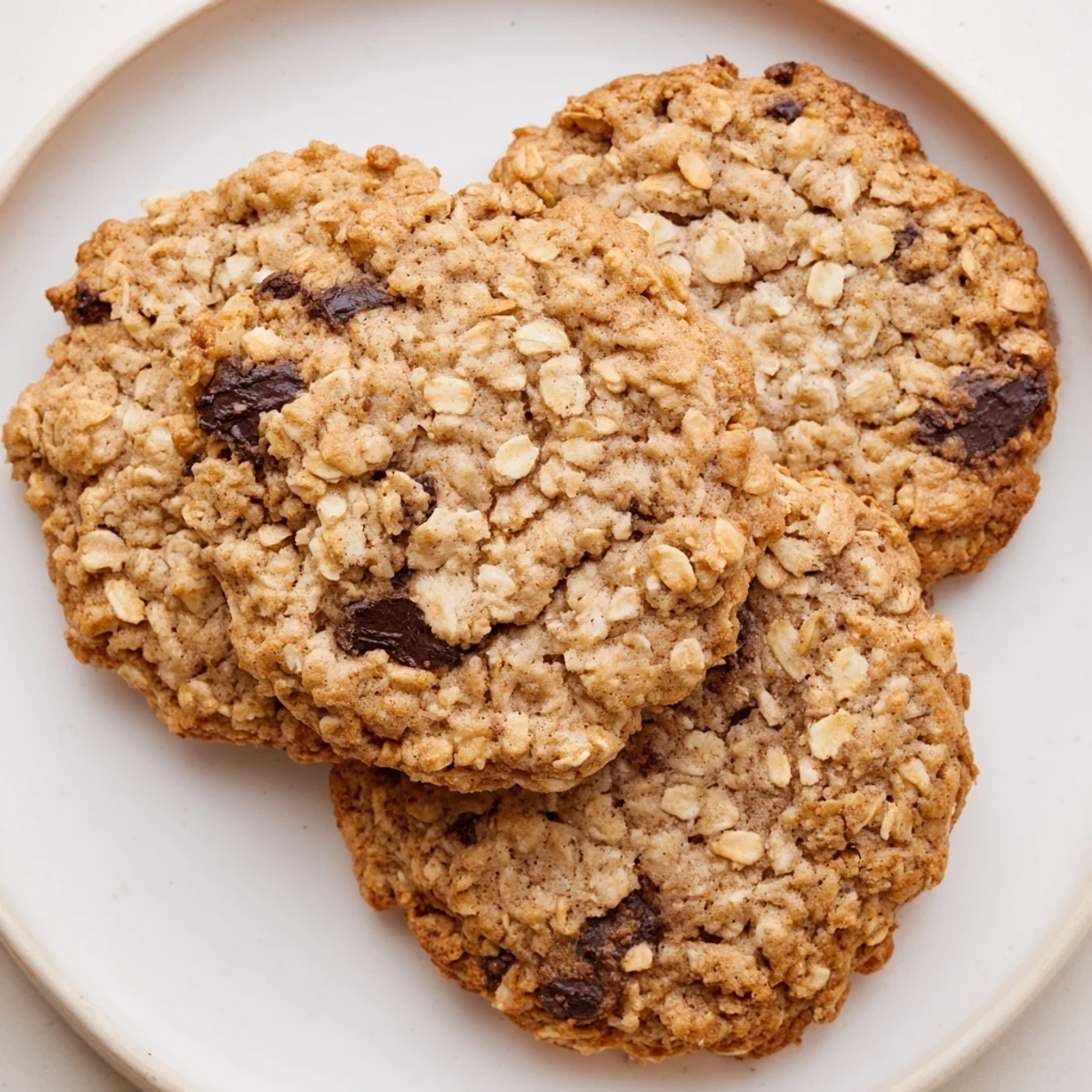 Chewy banana oatmeal cookies with hearty oats and cracked golden edges stacked high