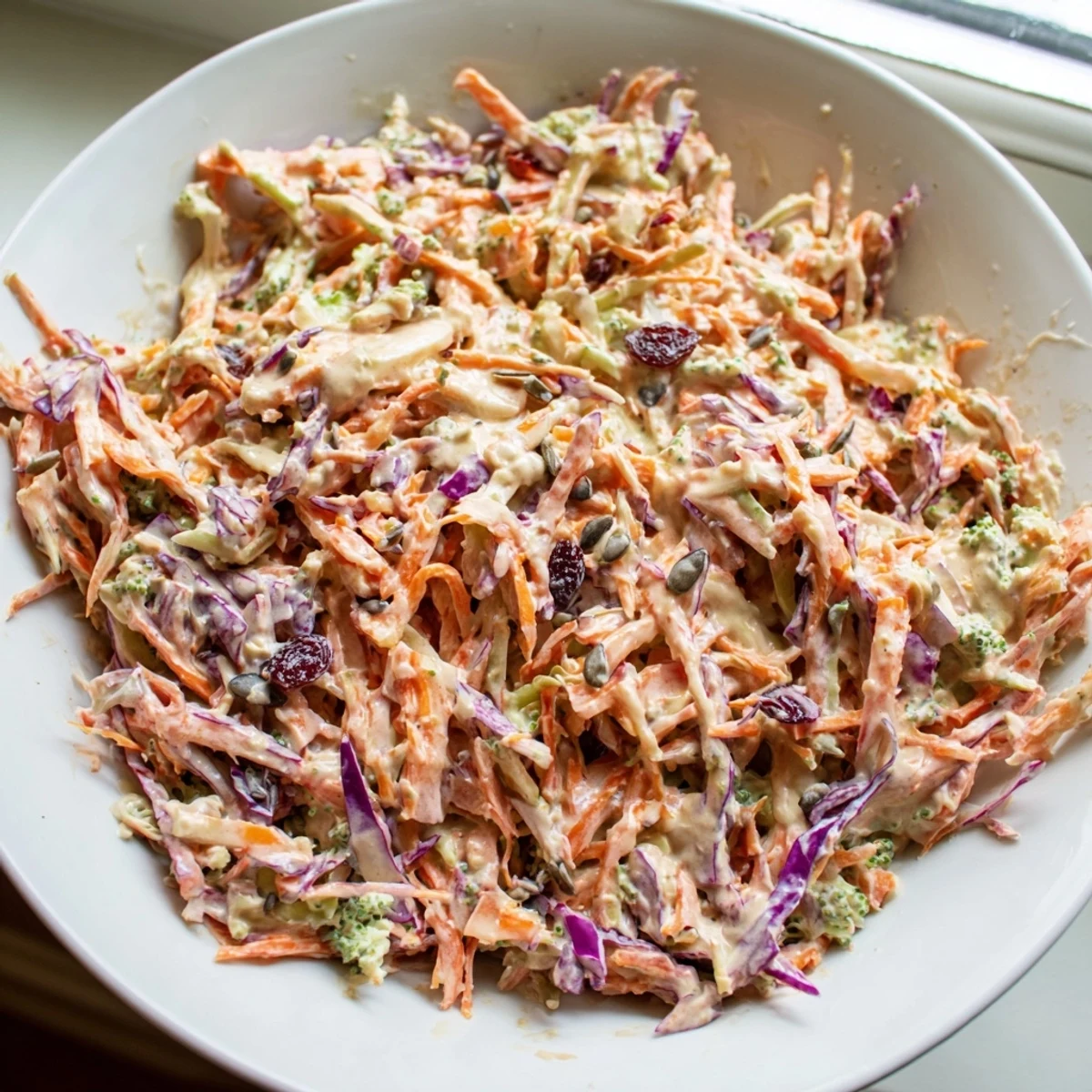 Crunchy broccoli slaw tossed in creamy tangy dressing with cranberries and sunflower seeds