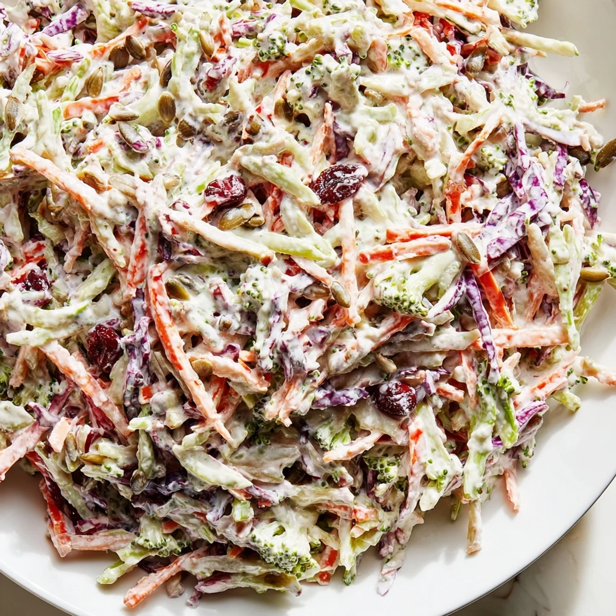 Vibrant broccoli slaw in a creamy vinegar dressing served chilled in a rustic bowl