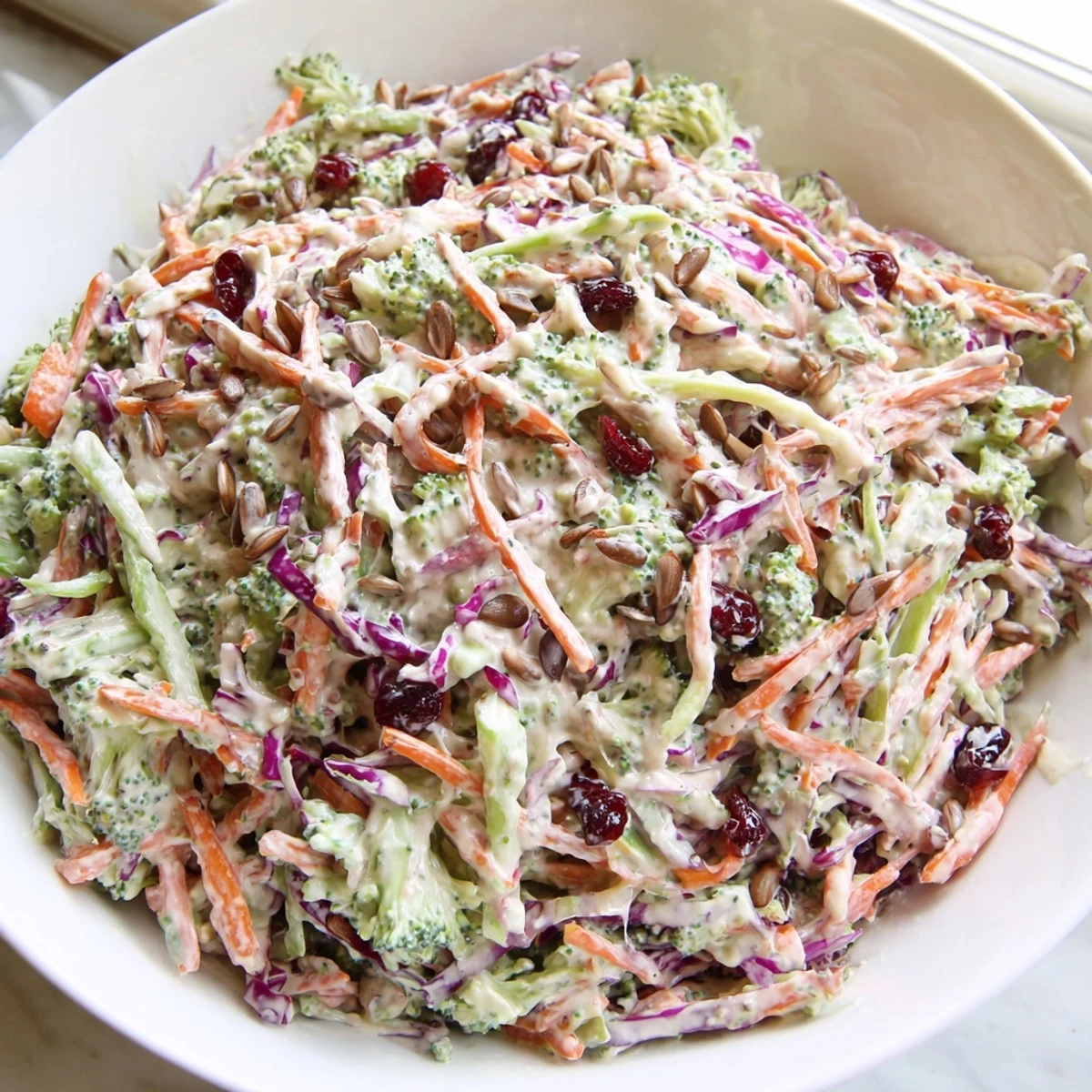 Colorful broccoli slaw with shredded carrots and red onion drizzled in smooth Dijon dressing
