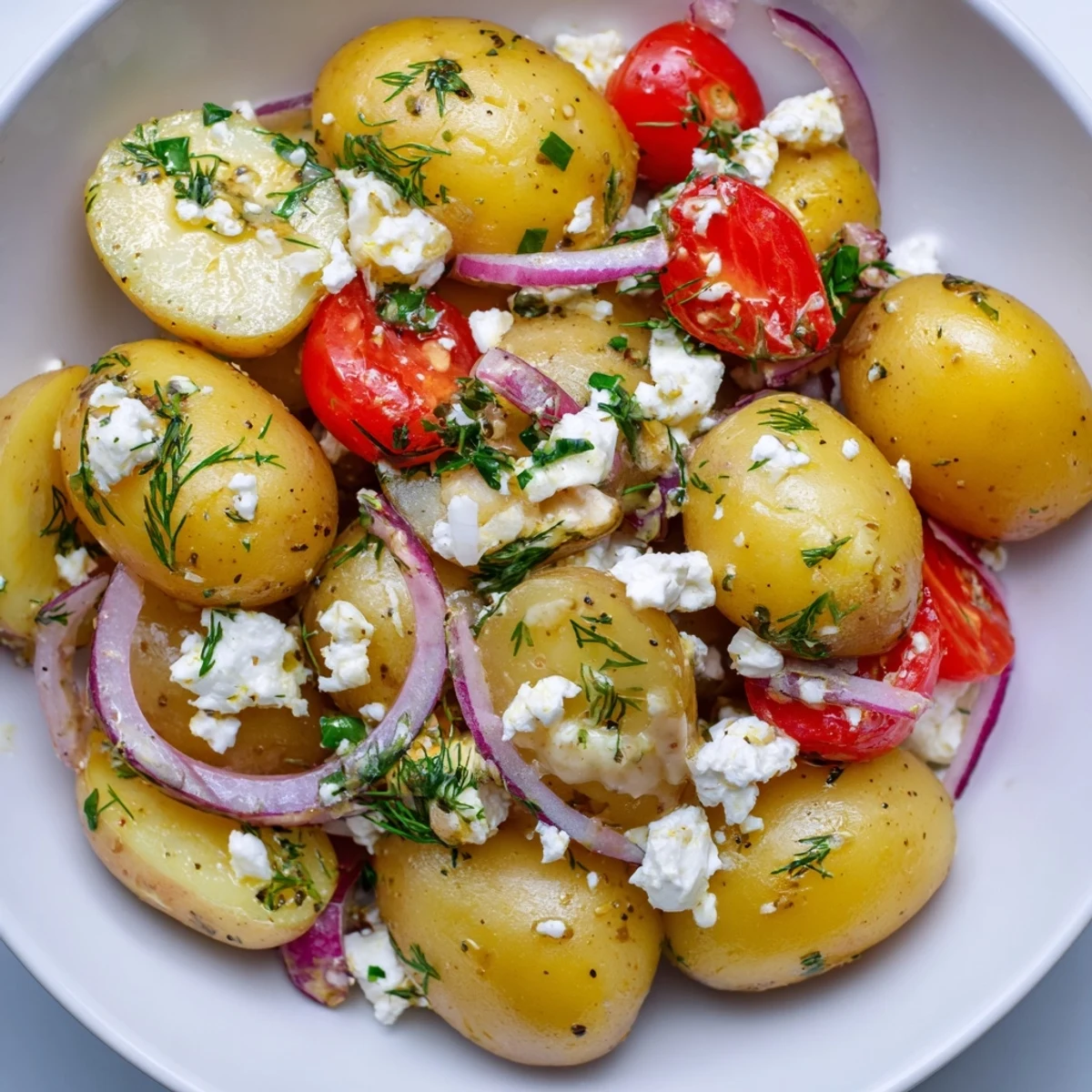 Creamy potato and feta salad topped with crumbled cheese and fresh herbs