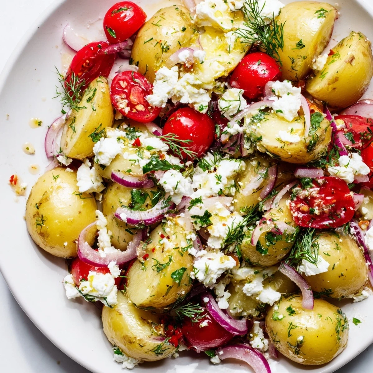 Bowl of potato and feta salad with cherry tomatoes and red onion