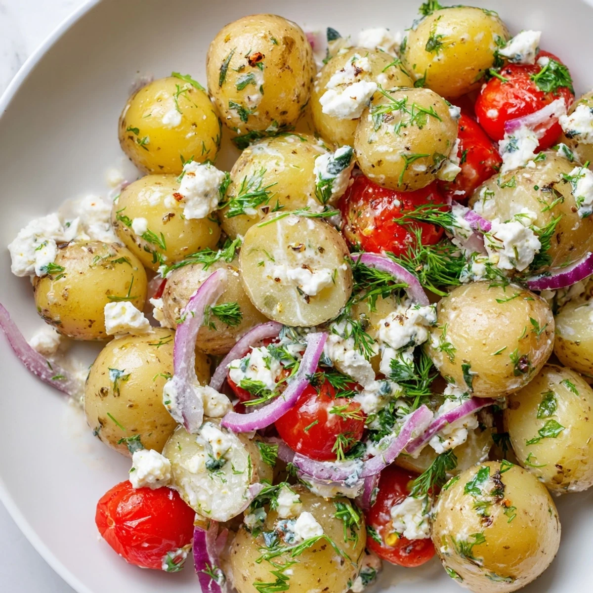 Golden potato and feta salad drizzled with lemon herb dressing served warm