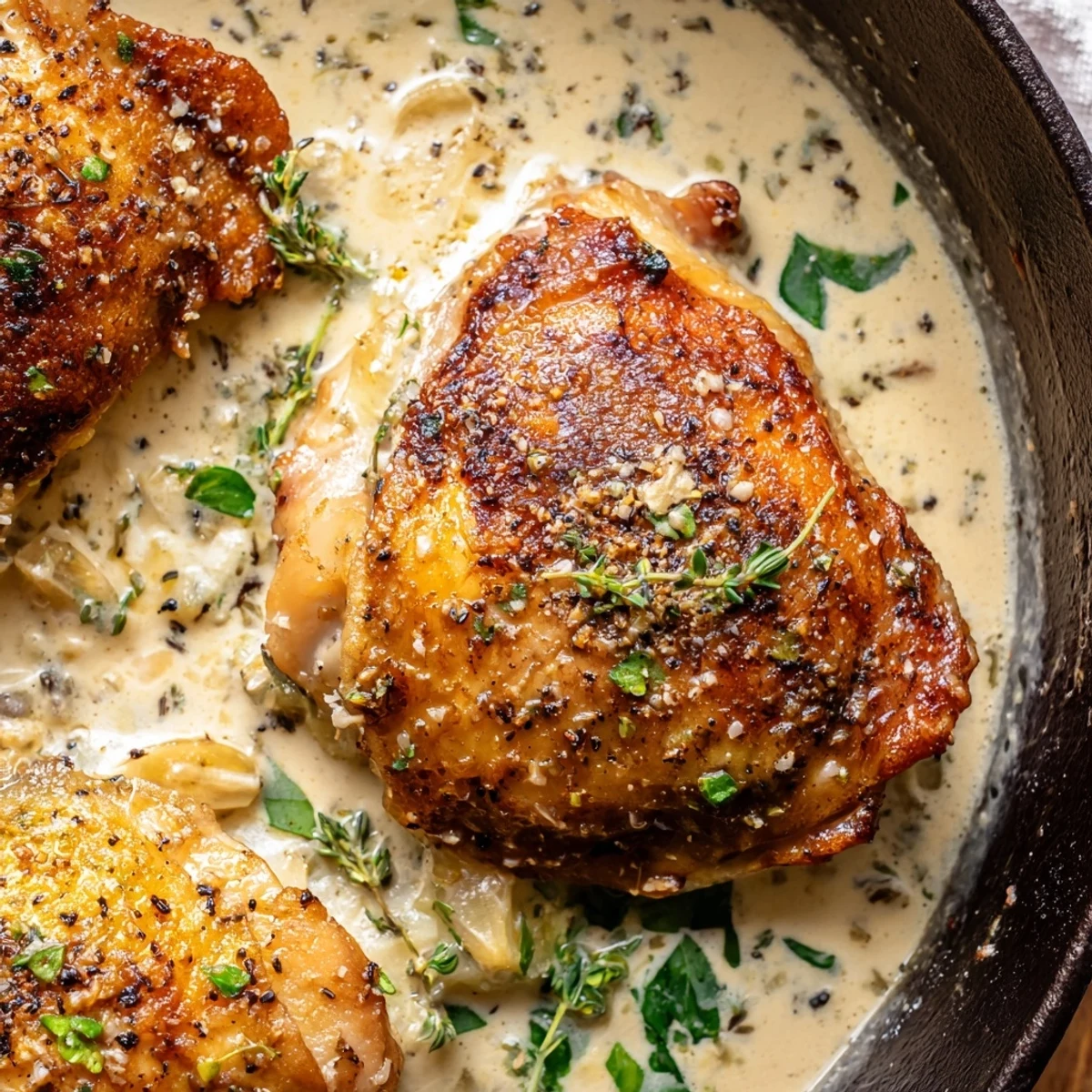 Golden creamy oven baked chicken thighs nestled in a bubbling parmesan garlic herb sauce