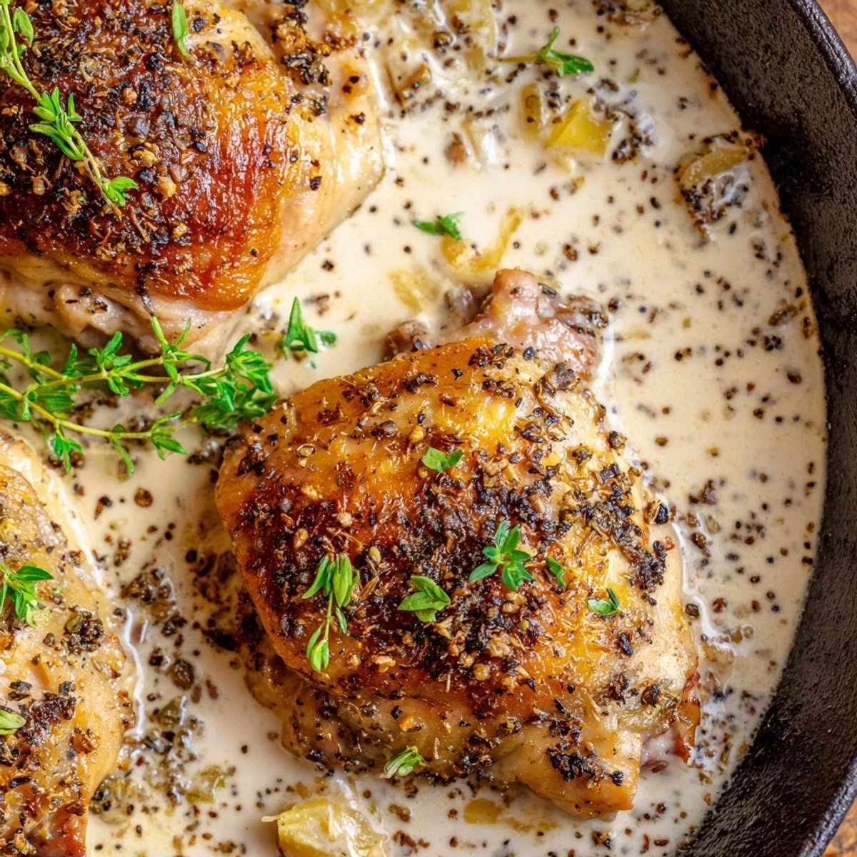 Crispy skinned creamy oven baked chicken thighs smothered in rich velvety sauce with fresh parsley
