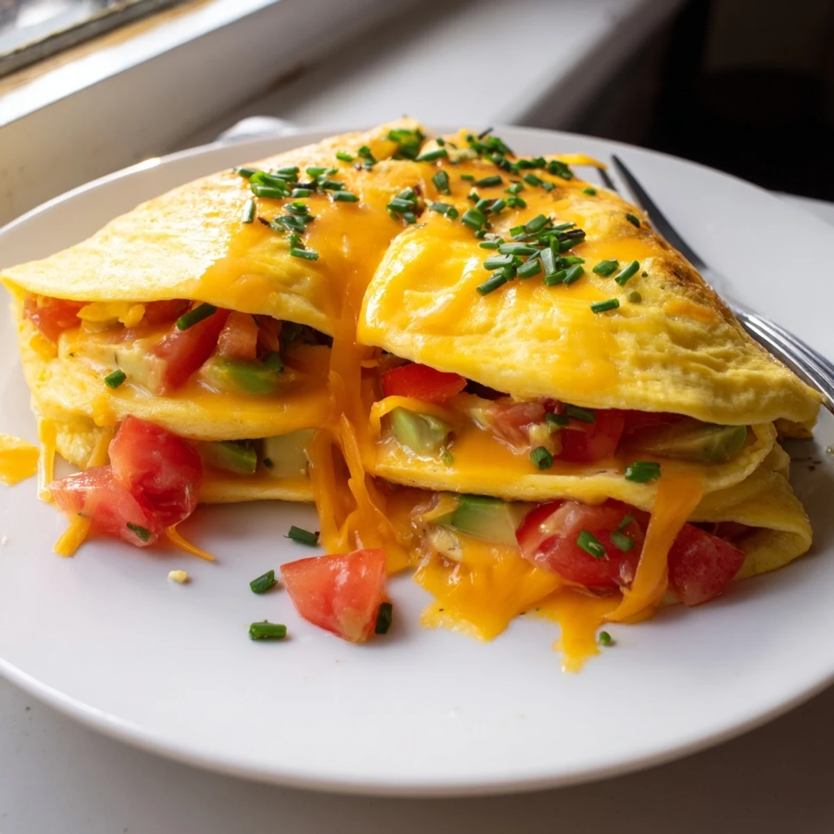 Creamy avocado cheesy tomato omelette folded golden with melted cheddar and fresh diced tomatoes