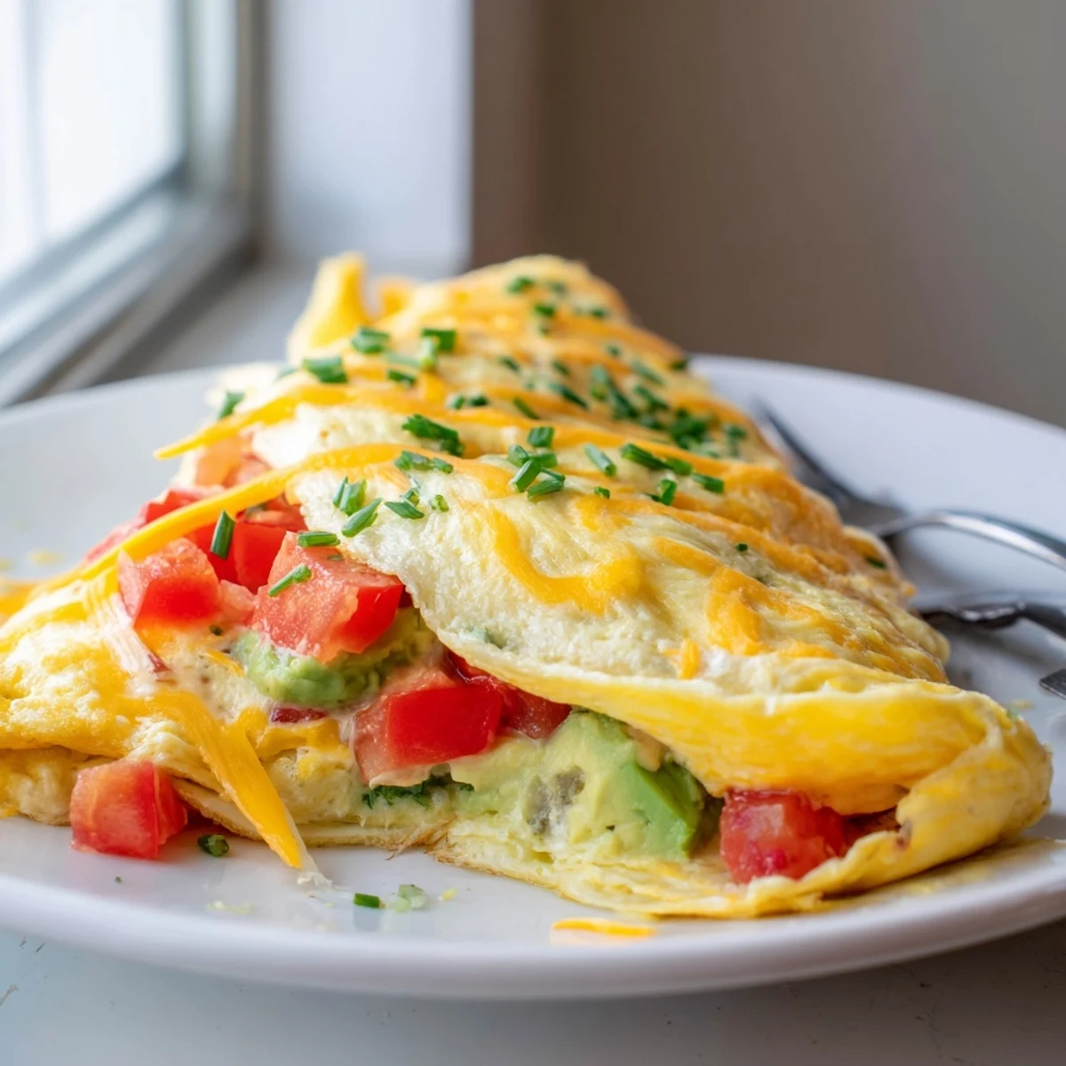 Golden creamy avocado cheesy tomato omelette on a white plate topped with chives