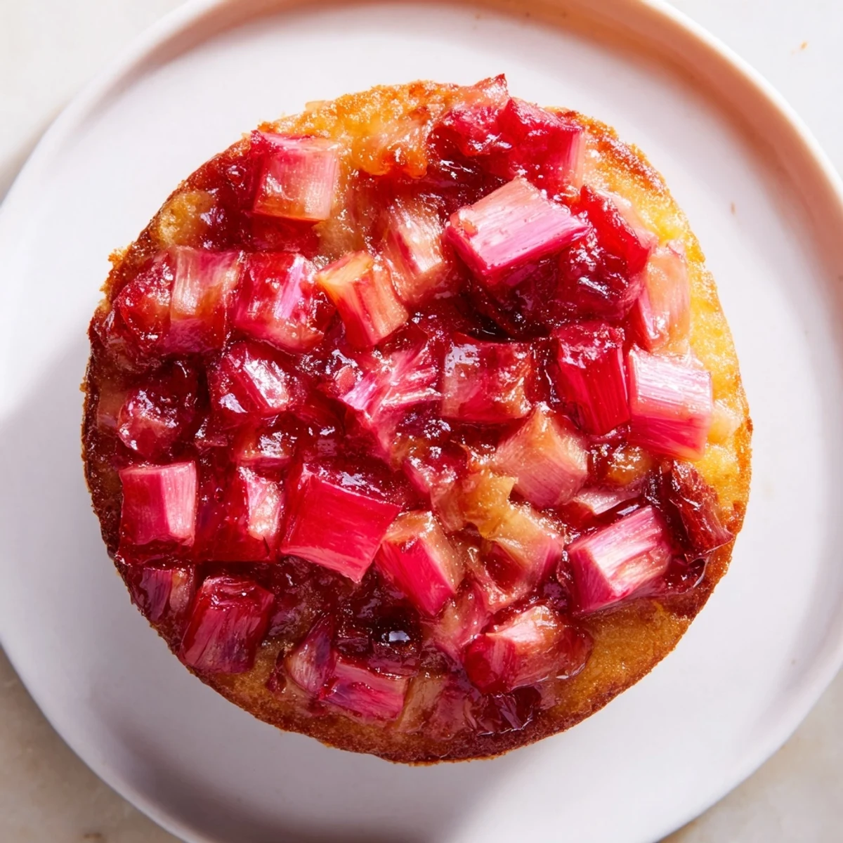 Golden upside down rhubarb muffins with caramelized pink fruit on a rustic wire rack