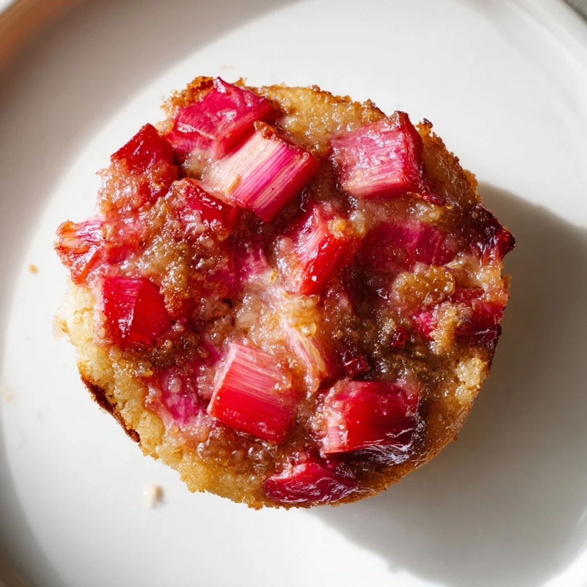 Irresistible upside down rhubarb muffins served warm with glossy jewel-toned fruit topping