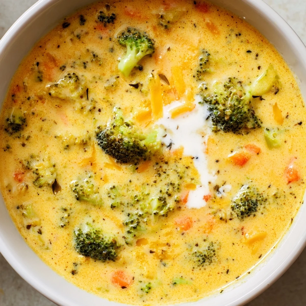 Creamy slow cooker broccoli cheese soup ladled into a rustic bread bowl