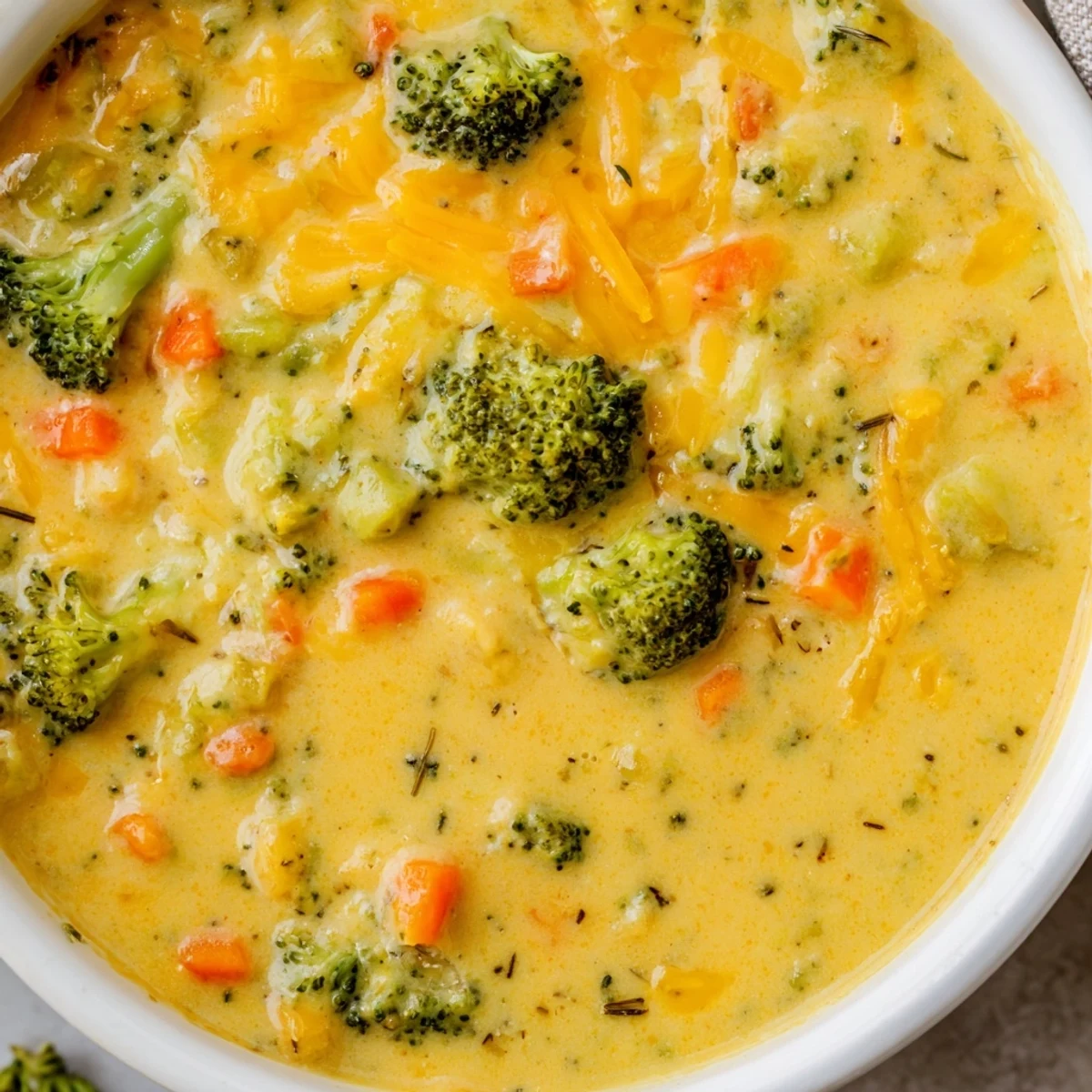 Steaming bowl of slow cooker broccoli cheese soup with tender bright green florets