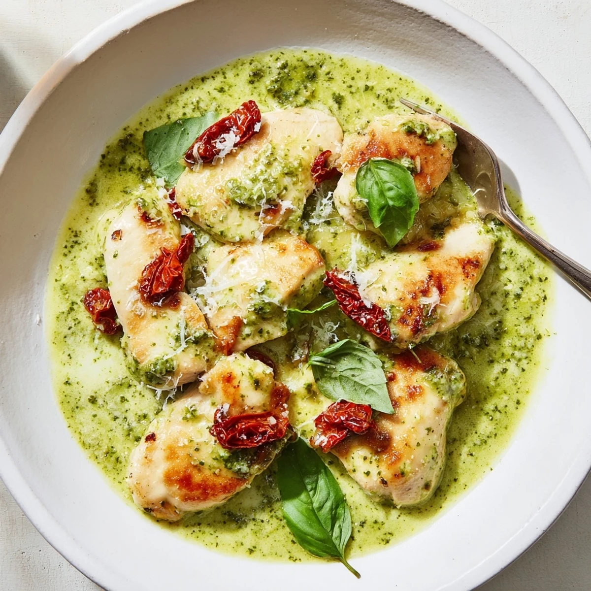 Golden seared Marry Me Chicken Pesto smothered in creamy basil sauce with sun-dried tomatoes