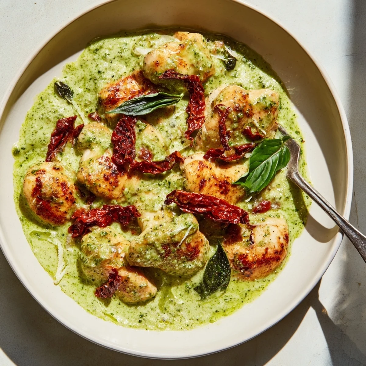 Creamy Marry Me Chicken Pesto simmering in a rich Parmesan skillet sauce topped with fresh basil