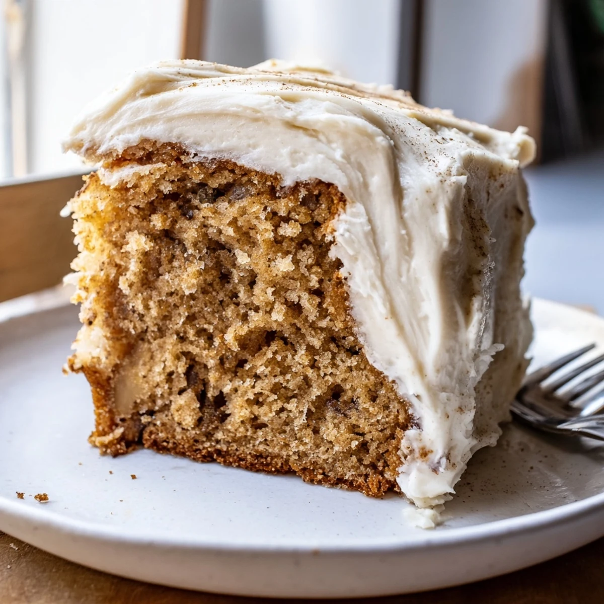 Golden slice of brown butter banana cake topped with thick cream cheese frosting on a rustic plate