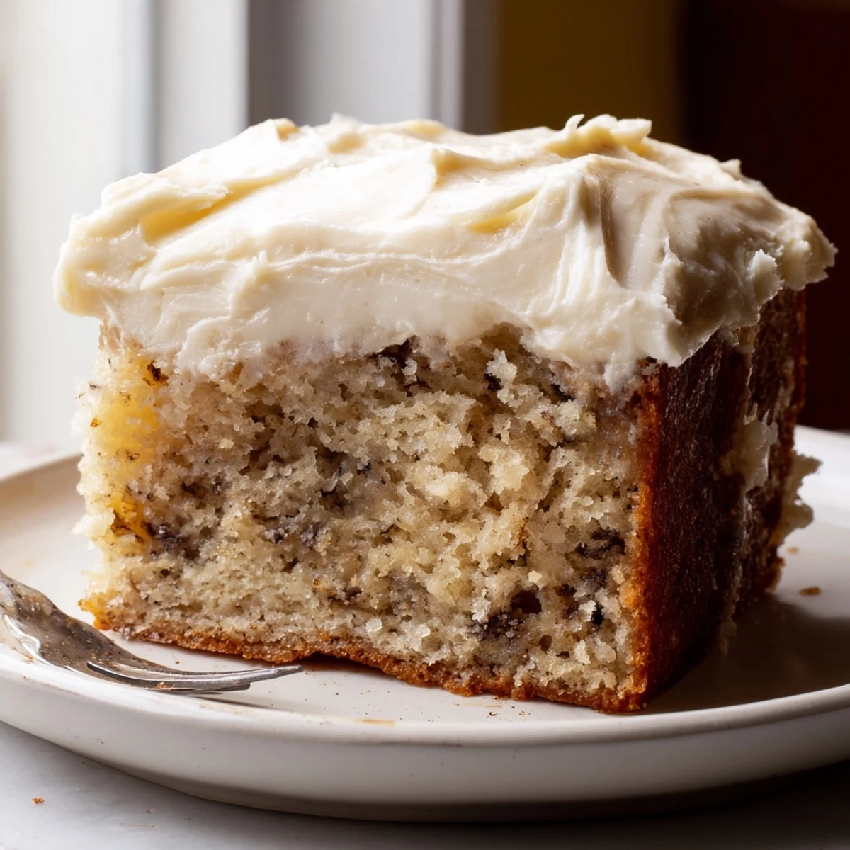 Rich brown butter banana cake with swirls of thick cream cheese frosting, served warm alongside coffee