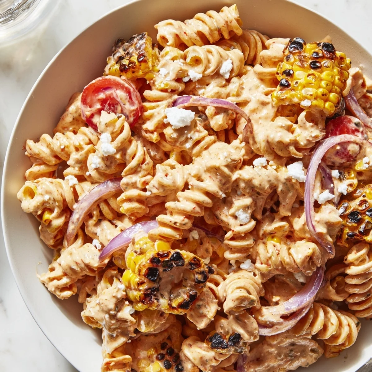 Creamy elote street corn pasta salad topped with crumbled cotija cheese and lime wedges