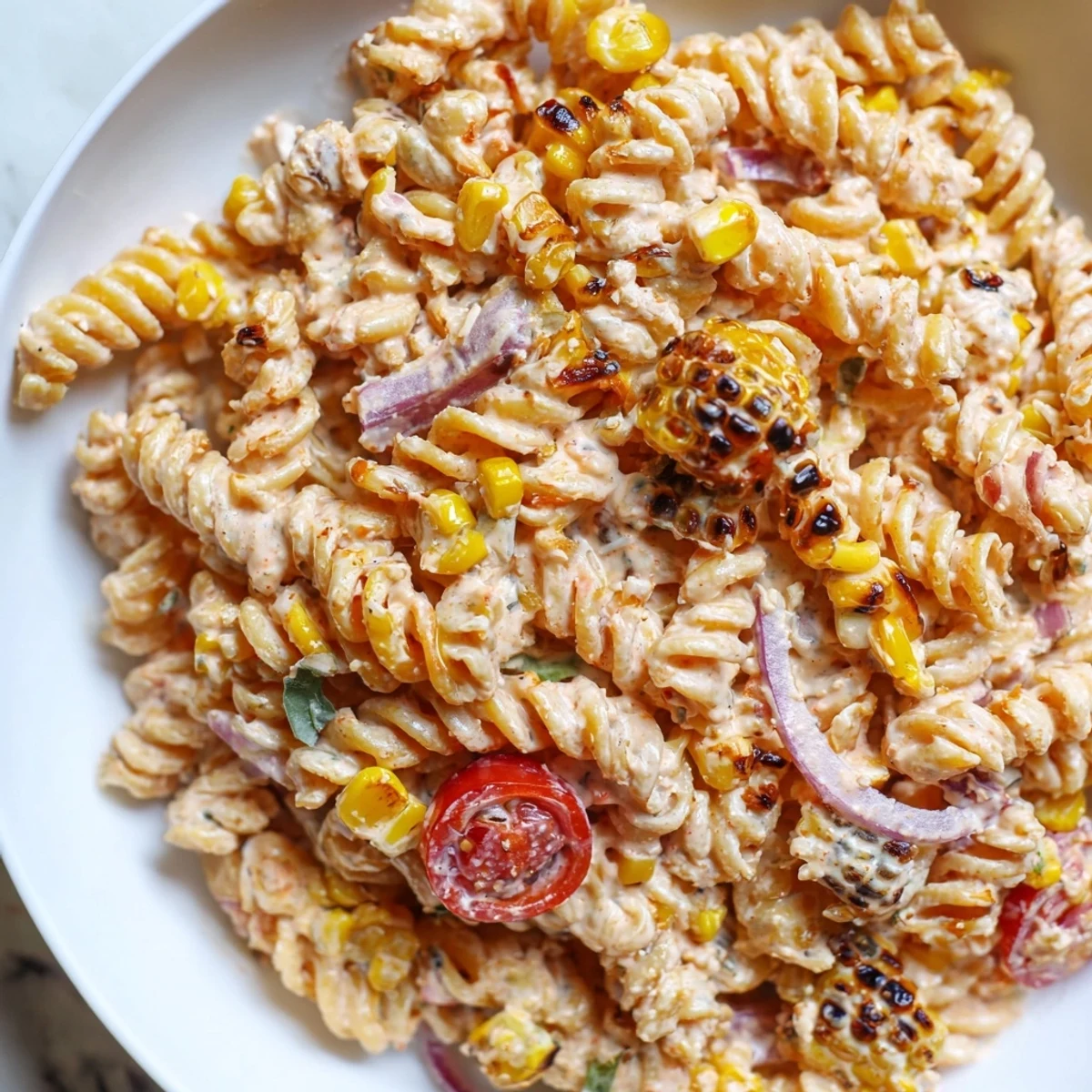 Smoky grilled corn and colorful vegetables tossed in a rich elote street corn pasta salad