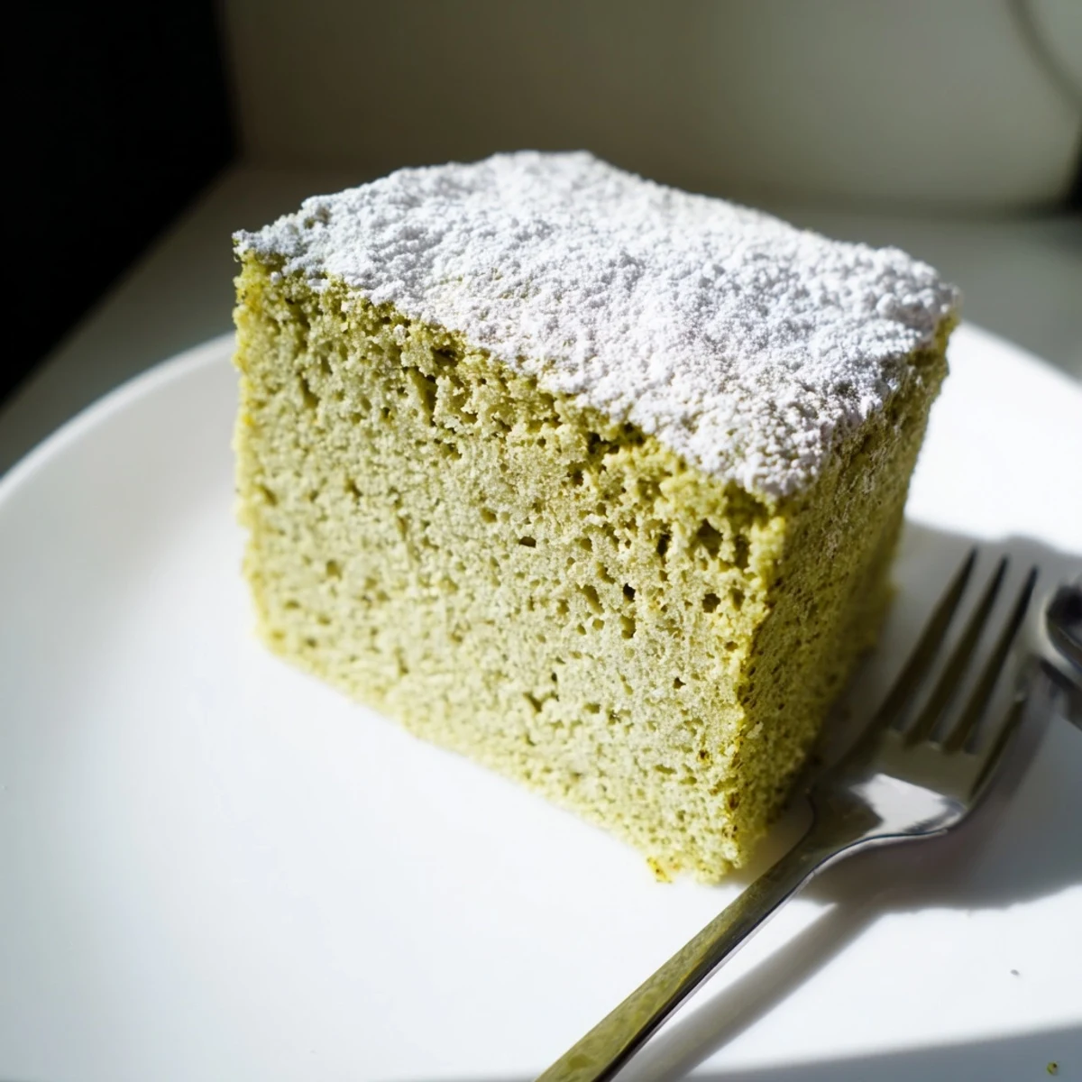 Light and fluffy matcha cake bake dusted with powdered sugar and fresh berries  